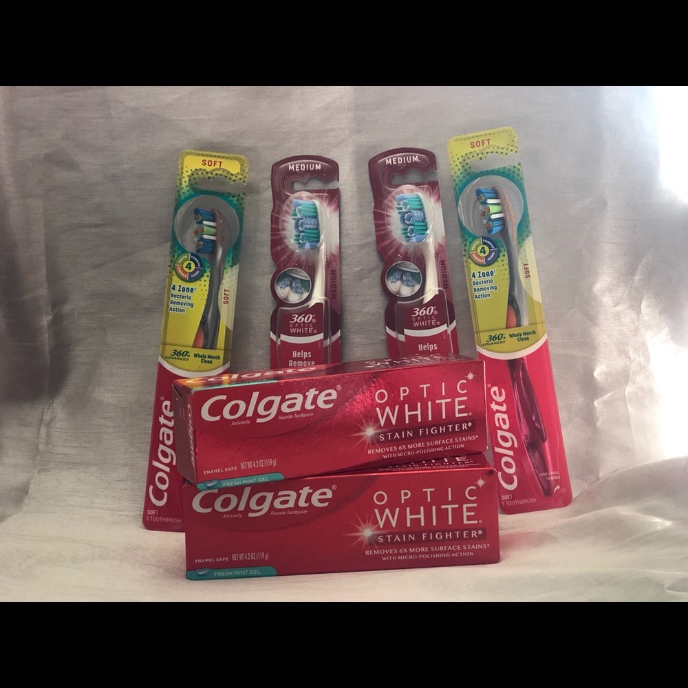 Colgate optic white toothpaste and Colgate toothbrushes